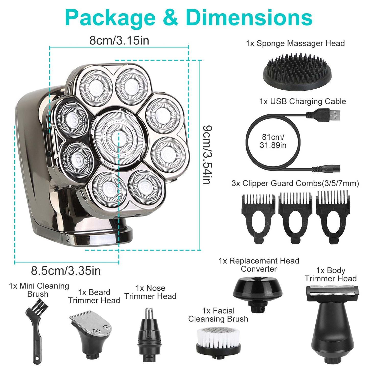 1Pc 6 In 1 9D Electric Head Shaver For Men Cordless Rechargeable Wet Dry Razor With LED Display Travel Lock Stall Protection Cleaning Reminder