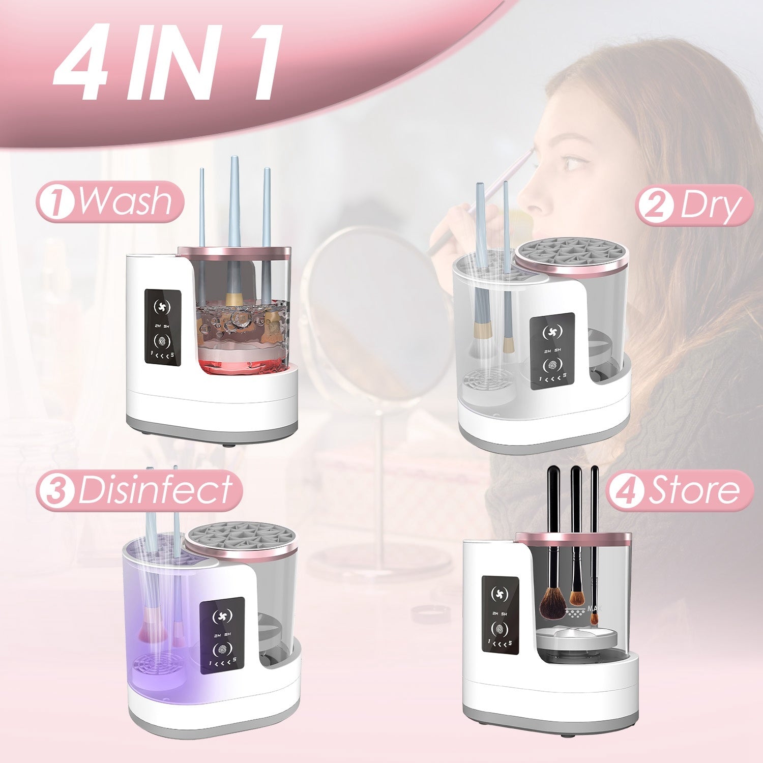 4 In 1 Electric Makeup Brush Cleaner USB Powered Automatic Brush Blender Machine With Timer Digital Display Cleaning Drying UV sDisinfection Brush Storage For All Types Of Brushe by cj